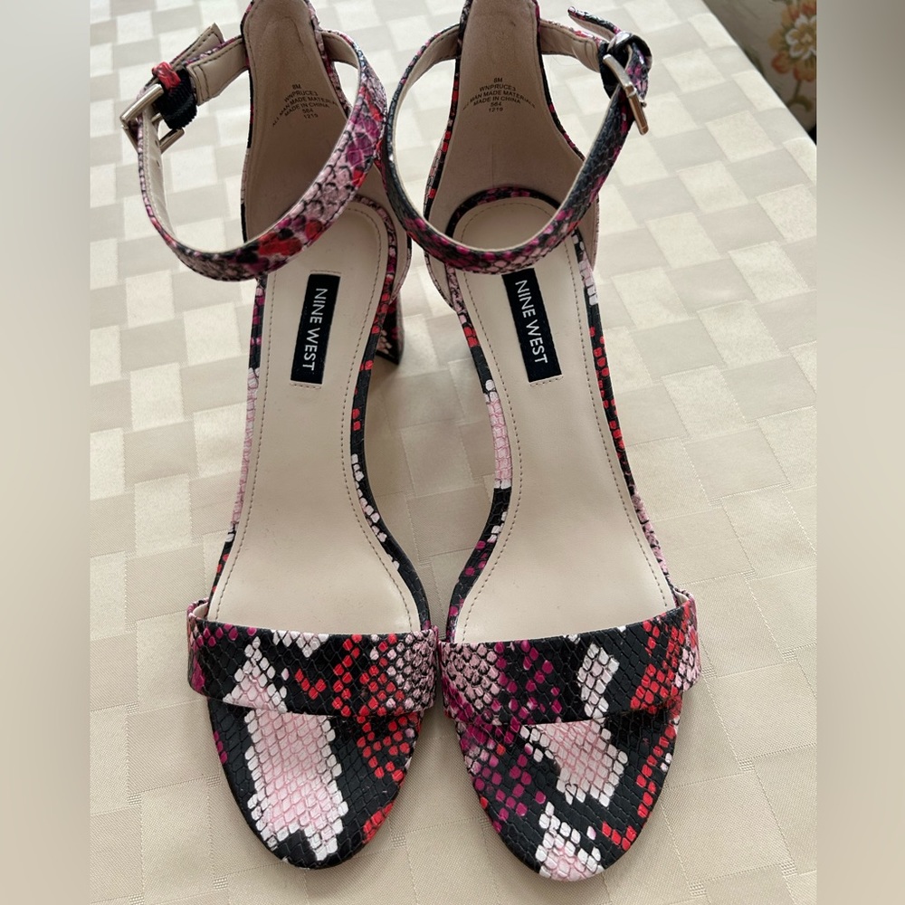 NINE WEST Faux Snake Skin Ankle Strap Heeled Sandal
